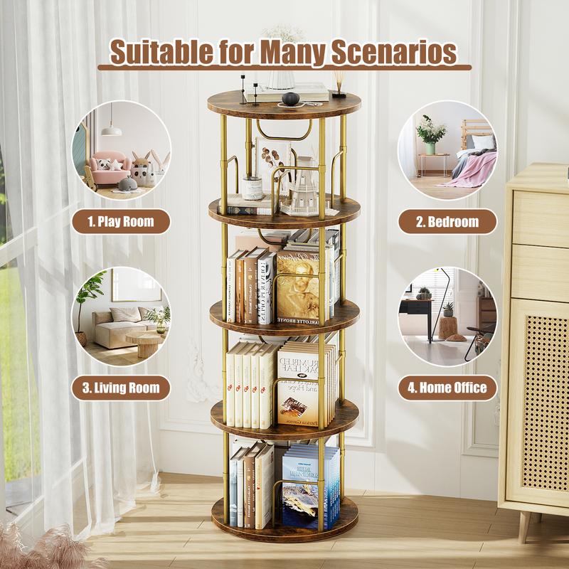 Rotating Bookshelf 3-5 Tier Spinning Bookshelf Tower 360° Display Unique Round Bookcase for Home Study and Office Organization Furniture Stand